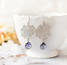 Load image into Gallery viewer, Purple Earrings, Silver Ornate Filigree Earrings, February Birthstone Amethyst Earrings, Purple Wedding Bridesmaid Gift, Gift for wife mom
