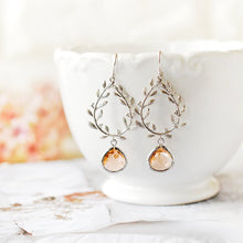 Load image into Gallery viewer, Peach Champagne Earrings, Silver Leaf Wreath Earrings, Peach Wedding Bridal Jewelry, Bridesmaid Earrings, Bridesmaid Gift, Gift for her
