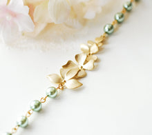 Load image into Gallery viewer, Sage Green Pearl Bracelet with Gold Flowers, Sage Green Wedding Bridal Jewelry, Bridesmaid Gift, Adjustable Bracelet, Gift for Mom
