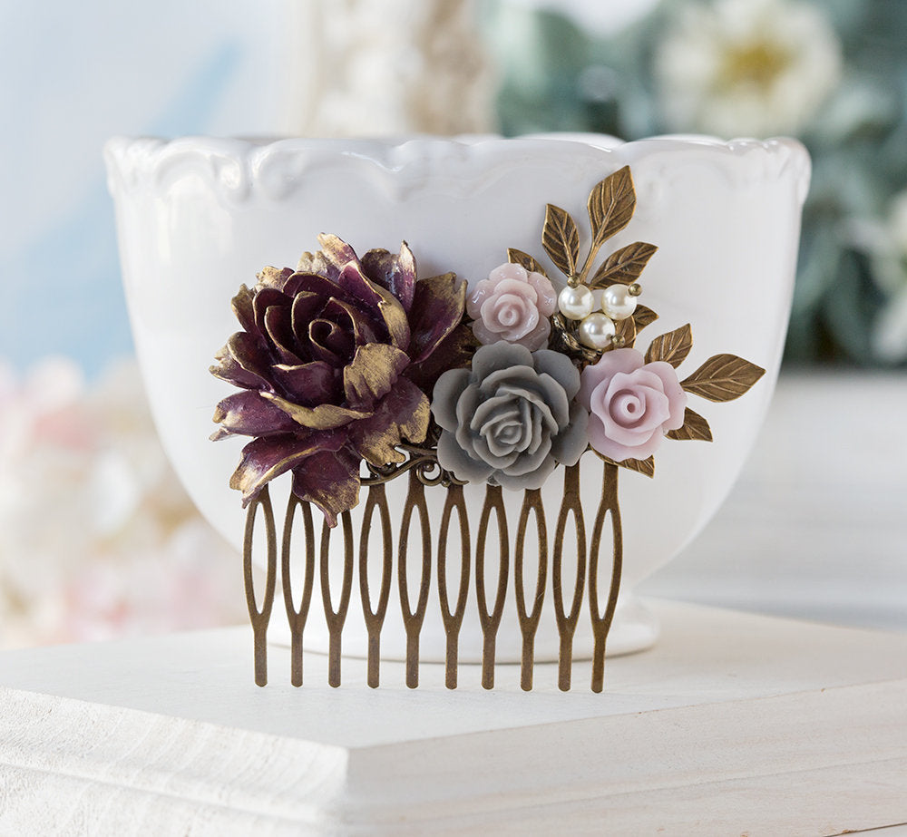 Plum Gray Wedding Bridal Hair Comb, Bridesmaid Gift, Dusty Pink Grey Plum Purple Flower Hair Comb, Leaf Pearl, Fall Autumn Winter Wedding