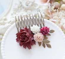 Load image into Gallery viewer, Burgundy Wedding Bridal Hair Comb, Maroon Dusty Pink Wedding Bridal Hairpiece, Fall Wedding Winter Wedding Hair Accessory, Bridesmaid Gift
