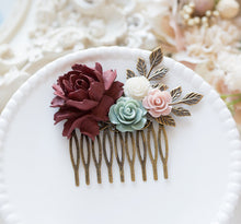 Load image into Gallery viewer, Maroon Burgundy and Dusty Green Wedding Bridal Comb, Bridesmaid Gift, Country Wedding Fall Wedding Winter Wedding Hair Comb Hair Slide
