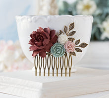 Load image into Gallery viewer, Maroon Burgundy and Dusty Green Wedding Bridal Comb, Bridesmaid Gift, Country Wedding Fall Wedding Winter Wedding Hair Comb Hair Slide
