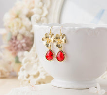 Load image into Gallery viewer, Red Ruby Crystal Earrings with Gold Orchid Flowers, Red Wedding Jewelry, May Birthstone Jewelry, Bridesmaid Gift, Christmas Gift for her
