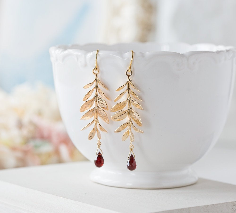 Gold Leaf Branch Earrings, January Birthstone Garnet Earrings, Natural Gemstone Earrings, Burgundy Earrings, Birthday Gift for Her