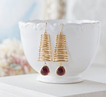 Load image into Gallery viewer, Gold Burgundy Earrings, Ladder Earrings, Garnet Teardrop Glass Stone Earrings, Gemetric Earrings, January Birthstone Jewelry, Gift for wife
