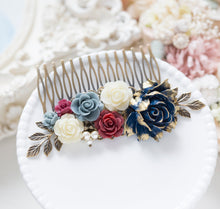 画像をギャラリービューアに読み込む, Navy Blue Burgundy Wedding Bridal Hair Comb, Navy Blue Maroon Dusty Blue Ivory Rose Flower Hair Comb,  Antique Gold Leaf, Country Wedding
