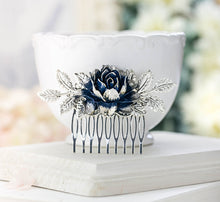 Load image into Gallery viewer, Bridal Hair Comb Navy Blue Something Blue Wedding Hair Accessory Silver Leaf Hair Comb Dark Navy Blue Rose Flower Hair Comb Bridal Hairpiece
