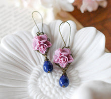 Load image into Gallery viewer, Lilac and Navy Blue Earrings, Vintage Style Flower Dangle Earring, Navy Blue Teardrop Pearl Earrings, Lilac Navy Wedding, Bridesmaid Gift
