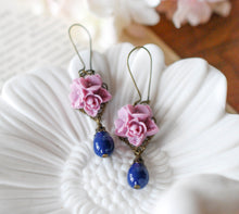 Load image into Gallery viewer, Lilac and Navy Blue Earrings, Vintage Style Flower Dangle Earring, Navy Blue Teardrop Pearl Earrings, Lilac Navy Wedding, Bridesmaid Gift
