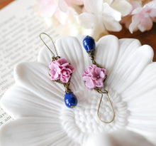 Load image into Gallery viewer, Lilac and Navy Blue Earrings, Vintage Style Flower Dangle Earring, Navy Blue Teardrop Pearl Earrings, Lilac Navy Wedding, Bridesmaid Gift
