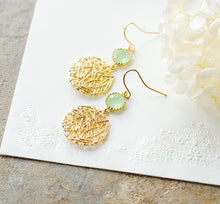 Load image into Gallery viewer, Mint Green Earrings, Gold Round Filigree Dangle Earrings, Birthday Gift, Gift for mom wife sister, Mint Wedding Bridesmaid Gift
