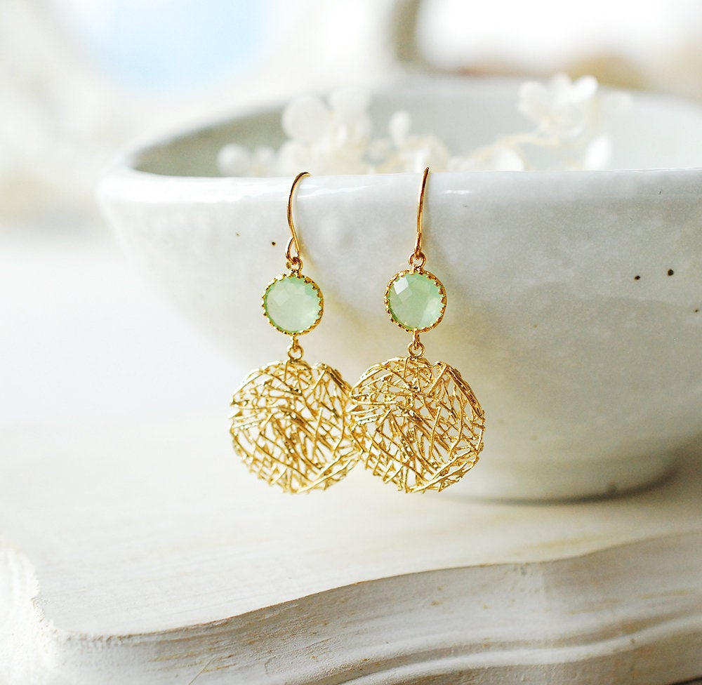 Mint Green Earrings, Gold Round Filigree Dangle Earrings, Birthday Gift, Gift for mom wife sister, Mint Wedding Bridesmaid Gift