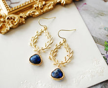 Load image into Gallery viewer, Sapphire Blue Earrings, Gold leaf Laurel Wreath Earrings, September Birthstone Birthday Gift for Her, Something Blue Wedding Bridesmaid Gift
