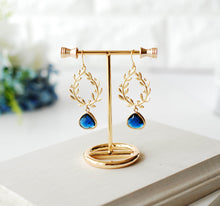 Load image into Gallery viewer, Sapphire Blue Earrings, Gold leaf Laurel Wreath Earrings, September Birthstone Birthday Gift for Her, Something Blue Wedding Bridesmaid Gift
