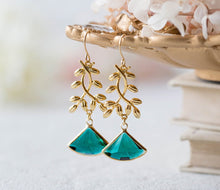 Load image into Gallery viewer, Gold Leaf Branch Earrings, Emerald Green Earrings, Fan Shape Earrings, Emerald Jewelry, May Birthstone Earrings, Emerald Wedding Earrings
