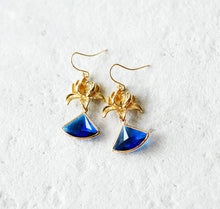 Load image into Gallery viewer, Sapphire Blue Earrings, September Birthstone, Gold Lotus Flower Earrings, Fan Shaped Blue Glass Earrings, September Birthday Gift for Her
