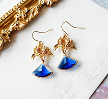 Load image into Gallery viewer, Sapphire Blue Earrings, September Birthstone, Gold Lotus Flower Earrings, Fan Shaped Blue Glass Earrings, September Birthday Gift for Her
