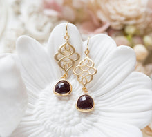 Load image into Gallery viewer, Gold Celtic Knot Burgundy Earrings, Celtic Jewelry, Dark Red Earrings, Maroon Earrings, Burgundy Wedding Bridesmaid Gift, Fall Jewelry
