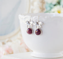 Load image into Gallery viewer, Silver Flower Burgundy Maroon Earrings, Christmas Gift for Mom Wife Sister, Dark Red Earrings, Burgundy Wedding Bridesmaid Gift
