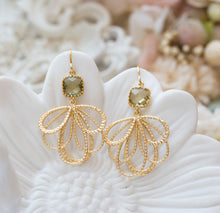 Load image into Gallery viewer, Olive Green Crystal Fan Shape Gold Dangle Earrings, Christmas Gift for Mom Mother Wife, Anniversary Gift, Birthday Gift for Women
