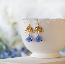 Load image into Gallery viewer, Sapphire Blue Earrings, September Birthstone, Gold Lotus Flower Earrings, Fan Shaped Blue Glass Earrings, September Birthday Gift for Her
