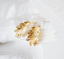 Load image into Gallery viewer, Gold Leaf Earrings, Branch Earrings, Nature Inspired Long Dangle Earrings, Woodland Jewelry, Woodland Wedding Bridesmaid Gift
