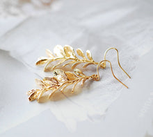 Load image into Gallery viewer, Gold Leaf Earrings, Branch Earrings, Nature Inspired Long Dangle Earrings, Woodland Jewelry, Woodland Wedding Bridesmaid Gift
