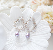 Load image into Gallery viewer, Lavender Pearl Earrings, Teardrop Pearl, Silver Laurel Wreath Earrings, Lavender Wedding Bridal Jewelry, Bridesmaid Gift, Gift for wife
