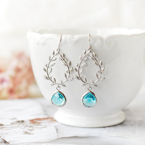 Aquamarine Blue Crystal Silver Olive Branch Earrings