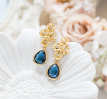 Load image into Gallery viewer, Navy Blue Gold Post Earrings, Sapphire Blue, September Birthstone, Gift for Her, Gold Flowers Stud Earrings, Navy Wedding Jewelry
