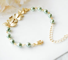 Load image into Gallery viewer, Sage Green Pearl Bracelet with Gold Flowers, Sage Green Wedding Bridal Jewelry, Bridesmaid Gift, Adjustable Bracelet, Gift for Mom
