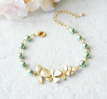 Load image into Gallery viewer, Sage Green Pearl Bracelet with Gold Flowers, Sage Green Wedding Bridal Jewelry, Bridesmaid Gift, Adjustable Bracelet, Gift for Mom
