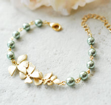 Load image into Gallery viewer, Sage Green Pearl Bracelet with Gold Flowers, Sage Green Wedding Bridal Jewelry, Bridesmaid Gift, Adjustable Bracelet, Gift for Mom
