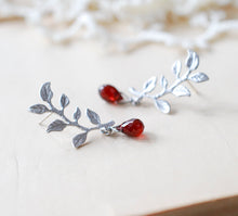 Load image into Gallery viewer, Silver Leaf Branch Natural Garnet Gemstone Post Earrings, January Birthstone, Garnet Jewelry, Dark Red Burgundy Earrings, Gift for women her
