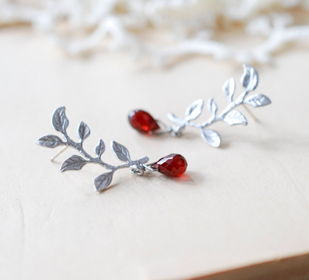 Silver Leaf Branch Natural Garnet Gemstone Post Earrings, January Birthstone, Garnet Jewelry, Dark Red Burgundy Earrings, Gift for women her