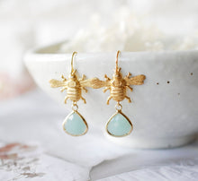 Load image into Gallery viewer, Gold Bee Earrings with Light Blue Teardrop Stones, Bee Jewelry, Gift for Bee Lover, Gift for Bee Keeper, Gift for women Girls Mom Daughter
