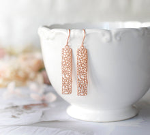 Load image into Gallery viewer, Rose Gold Mesh Filigree Bar Earrings, Minimalist Geometric Jewelry, Rose Gold Jewelry, Modern Earrings, Gift for Girlfriend Mom Daughter
