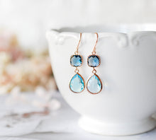 Load image into Gallery viewer, Rose Gold Navy Blue Aqua Blue Earrings, Pink Gold Earring, Something Blue Wedding Jewelry, Bridal Party Bridesmaid Gift, Gift for Her Women
