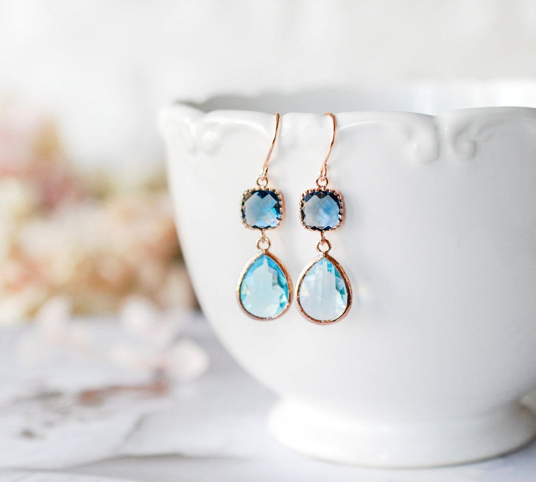 Rose Gold Navy Blue Aqua Blue Earrings, Pink Gold Earring, Something Blue Wedding Jewelry, Bridal Party Bridesmaid Gift, Gift for Her Women