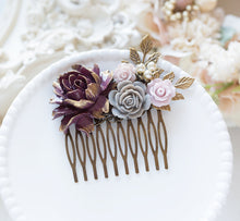 画像をギャラリービューアに読み込む, Plum Gray Wedding Bridal Hair Comb, Bridesmaid Gift, Dusty Pink Grey Plum Purple Flower Hair Comb, Leaf Pearl, Fall Autumn Winter Wedding
