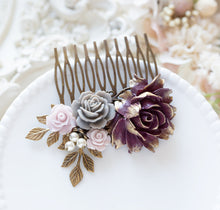 画像をギャラリービューアに読み込む, Plum Gray Wedding Bridal Hair Comb, Bridesmaid Gift, Dusty Pink Grey Plum Purple Flower Hair Comb, Leaf Pearl, Fall Autumn Winter Wedding
