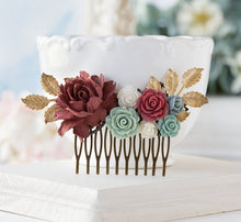 Load image into Gallery viewer, Maroon and Green Wedding Bridal Comb, Burgundy Dusty Green White Flower Hair comb, Gold Leaf, Fall Wedding, Winter Wedding, Bridesmaid Gift
