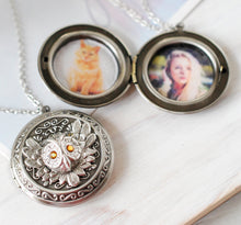 Load image into Gallery viewer, November Birthstone Topaz Silver Owl Locket Necklace , Personalized Photo Customized Picture Locket, November Birthday Gift for Girls Women
