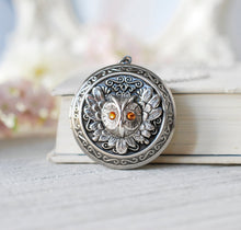 Load image into Gallery viewer, November Birthstone Topaz Silver Owl Locket Necklace , Personalized Photo Customized Picture Locket, November Birthday Gift for Girls Women
