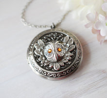 Load image into Gallery viewer, November Birthstone Topaz Silver Owl Locket Necklace , Personalized Photo Customized Picture Locket, November Birthday Gift for Girls Women
