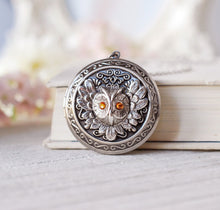 Load image into Gallery viewer, November Birthstone Topaz Silver Owl Locket Necklace , Personalized Photo Customized Picture Locket, November Birthday Gift for Girls Women
