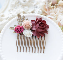 Load image into Gallery viewer, Burgundy Wedding Bridal Hair Comb, Maroon Dusty Pink Wedding Bridal Hairpiece, Fall Wedding Winter Wedding Hair Accessory, Bridesmaid Gift
