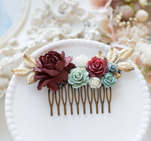 Load image into Gallery viewer, Maroon and Green Wedding Bridal Comb, Burgundy Dusty Green White Flower Hair comb, Gold Leaf, Fall Wedding, Winter Wedding, Bridesmaid Gift
