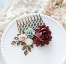 Load image into Gallery viewer, Maroon Burgundy and Dusty Green Wedding Bridal Comb, Bridesmaid Gift, Country Wedding Fall Wedding Winter Wedding Hair Comb Hair Slide
